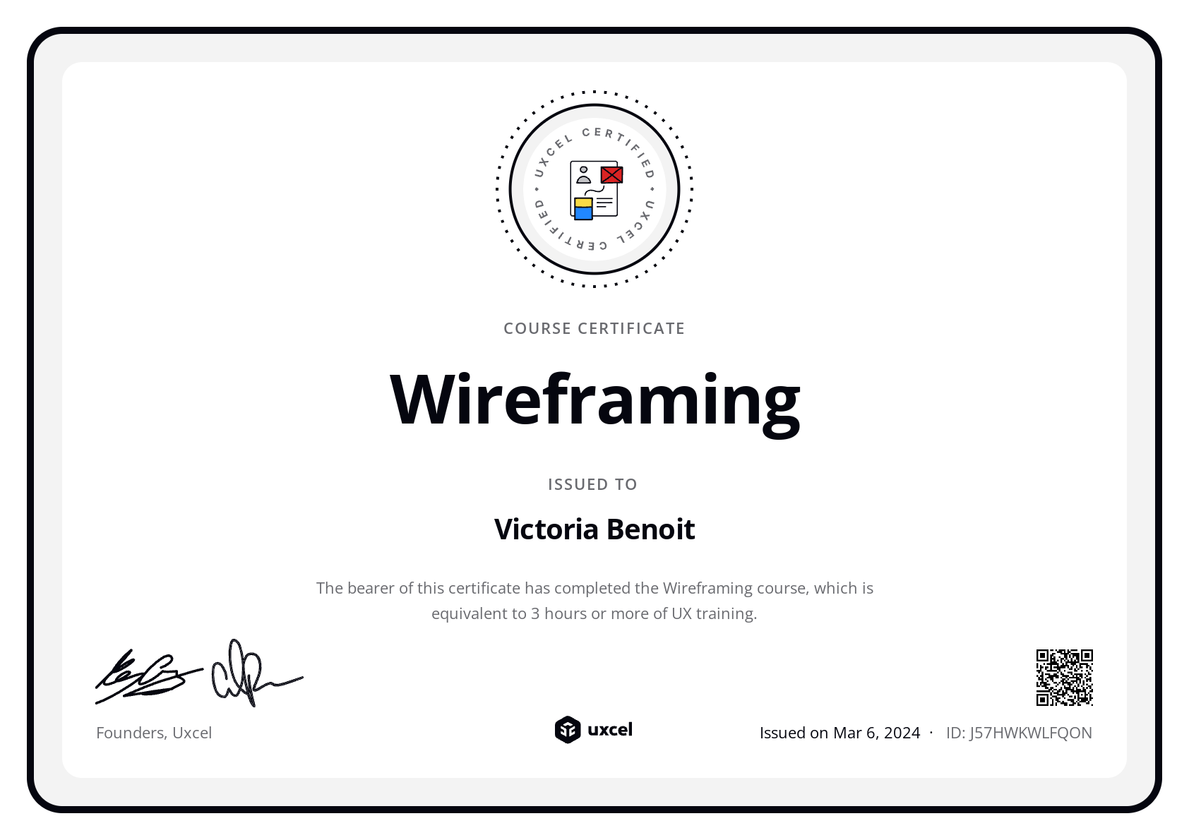 Victoria Benoit's certificate